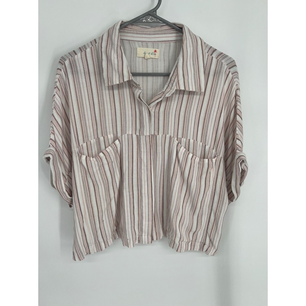 April Kiss Womens Striped Linen Blend Short Sleeve Cropped Button Up‎ Shirt L